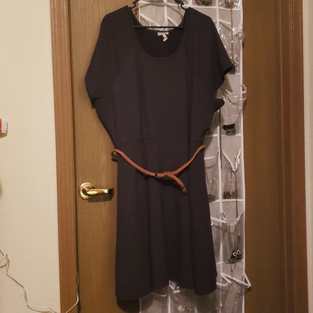 Grey dress with brown woven belt